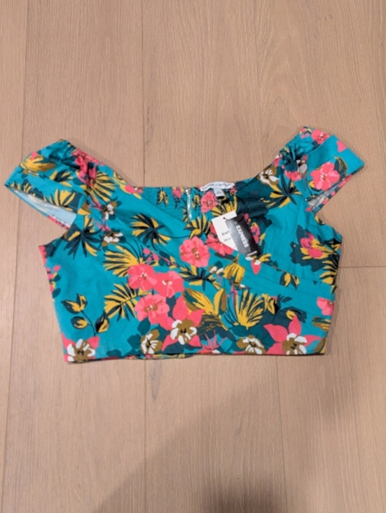Express Tops - Teal Floral Off-Shoulder Crop Top